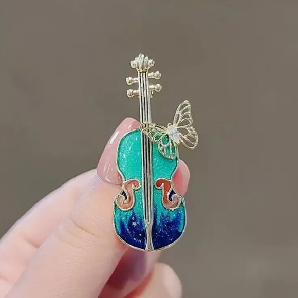 Novelty Musical Violin & Butterfly Design Charm Colorful Goldtoned Brooch - Picture 4 of 4